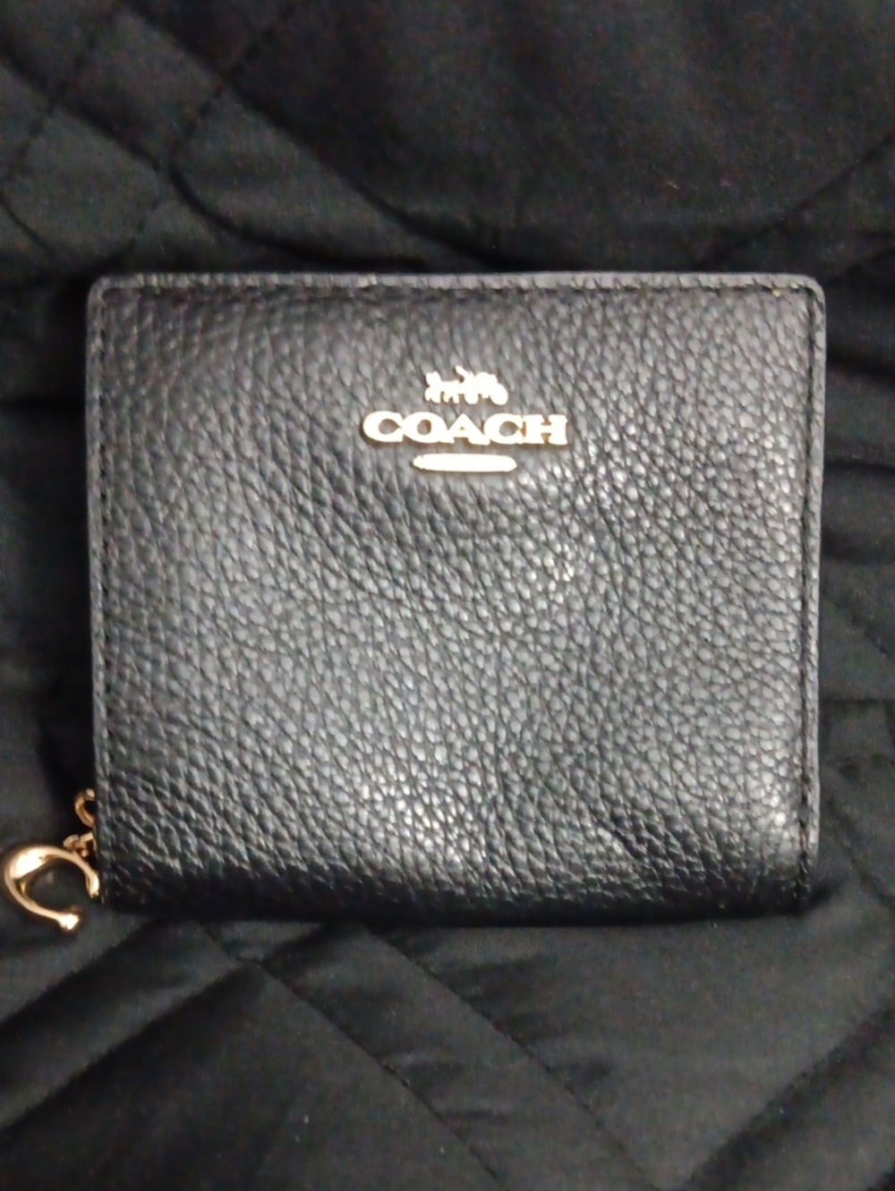 Coach Black Pebbled Leather Zip Card Holder with Gold Logo